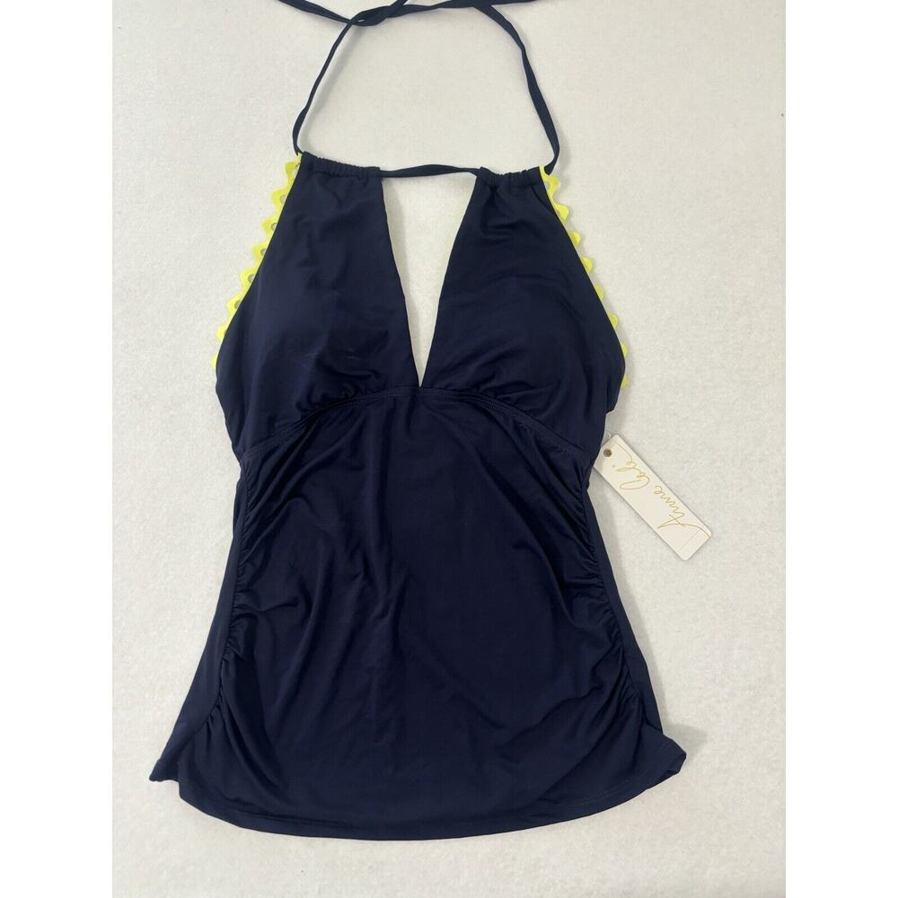 Anne Cole Tankini Top‎ Medium Navy Blue Plunge Neckline Lime Trim Side Ruching